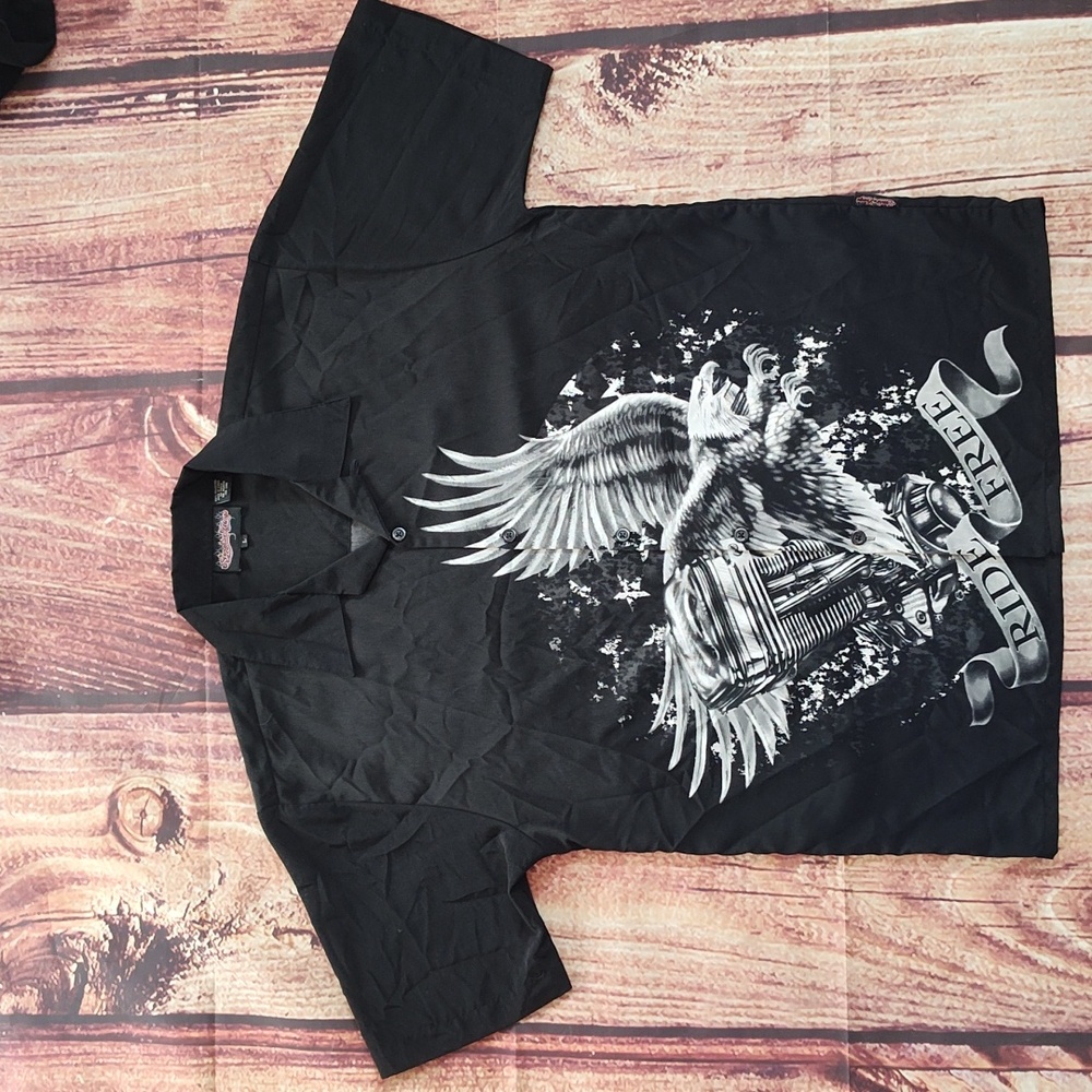 Vintage Sapphire Lounge Mens Ride Free Motorcycle Eagle Theme Button Up Shirt